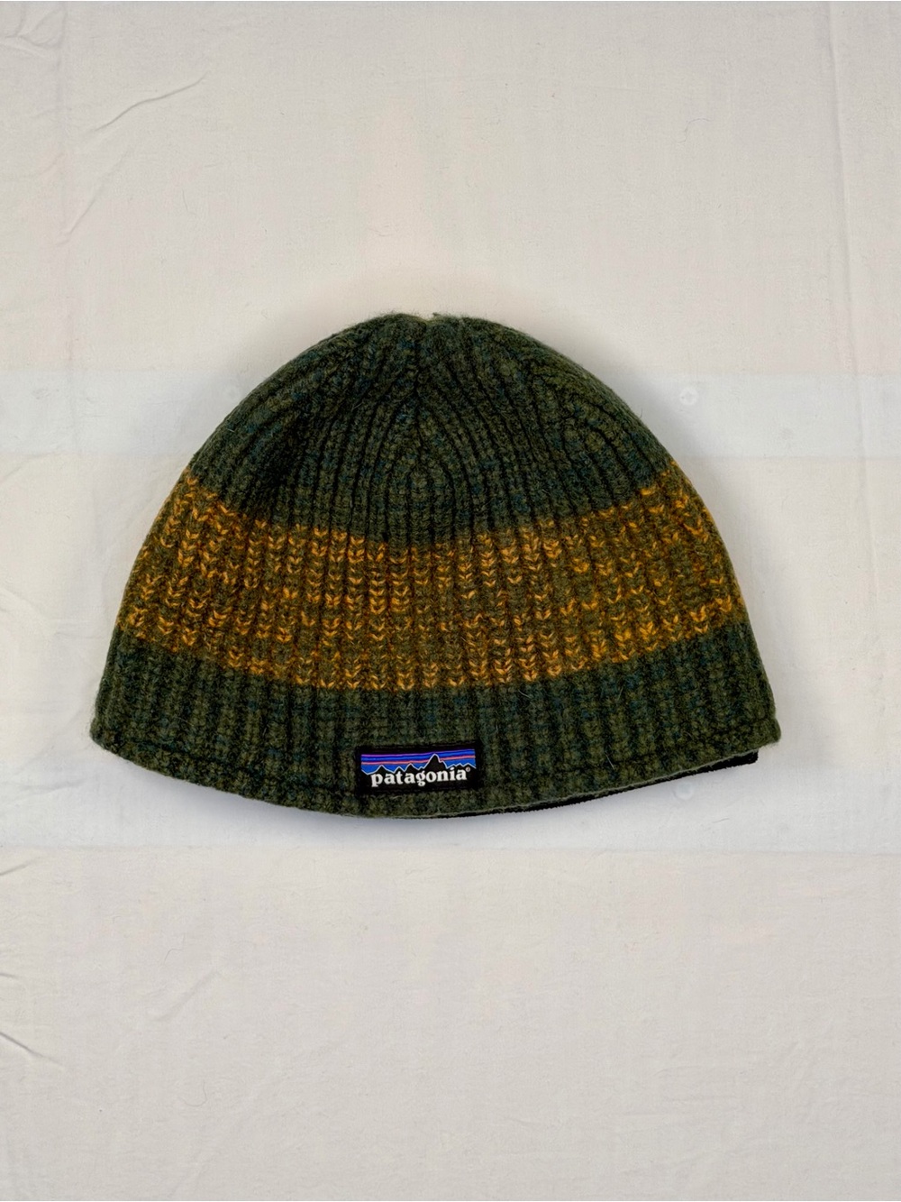 Patagonia Beanie Hat Green Yellow Stripe Knit Cap Outdoor Winter Unisex